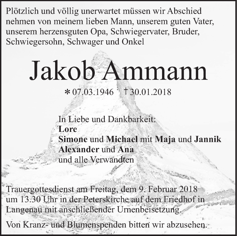  Traueranzeige für Jakob Ammann vom 06.02.2018 aus SÜDWEST PRESSE Ausgabe Ulm/Neu-Ulm