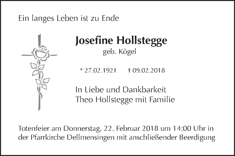  Traueranzeige für Josefine Hollstegge vom 19.02.2018 aus SÜDWEST PRESSE Ausgabe Ulm/Neu-Ulm