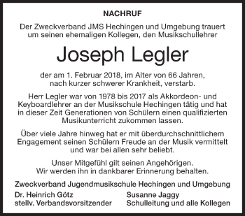 Traueranzeige von Joseph Legler von Hohenzollerische Zeitung