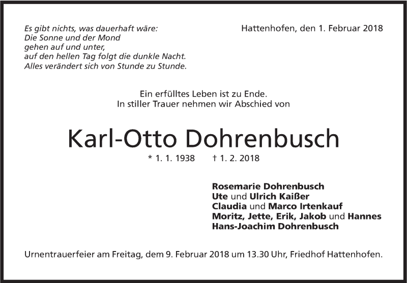  Traueranzeige für Karl-Otto Dohrenbusch vom 06.02.2018 aus NWZ Neue Württembergische Zeitung