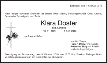 Traueranzeige von Klara Doster von NWZ Neue Württembergische Zeitung