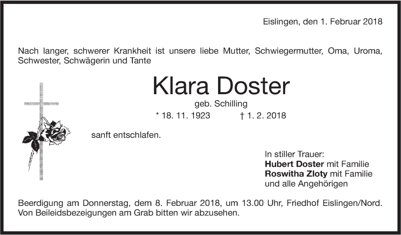  Traueranzeige für Klara Doster vom 03.02.2018 aus NWZ Neue Württembergische Zeitung