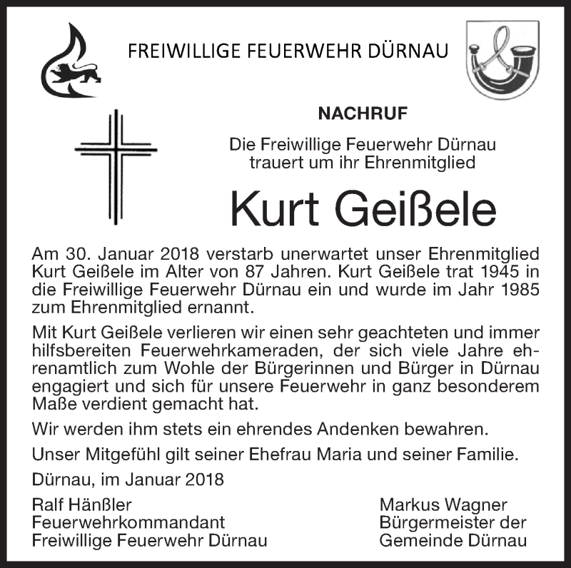  Traueranzeige für Kurt Geißele vom 07.02.2018 aus NWZ Neue Württembergische Zeitung