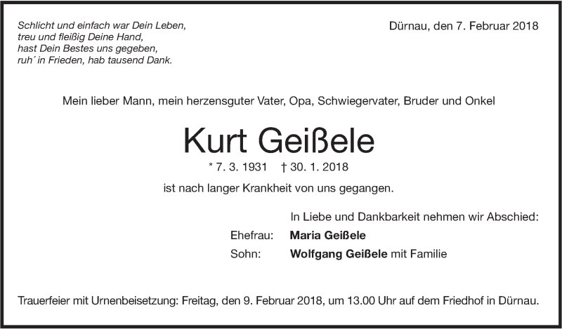  Traueranzeige für Kurt Geißele vom 07.02.2018 aus NWZ Neue Württembergische Zeitung