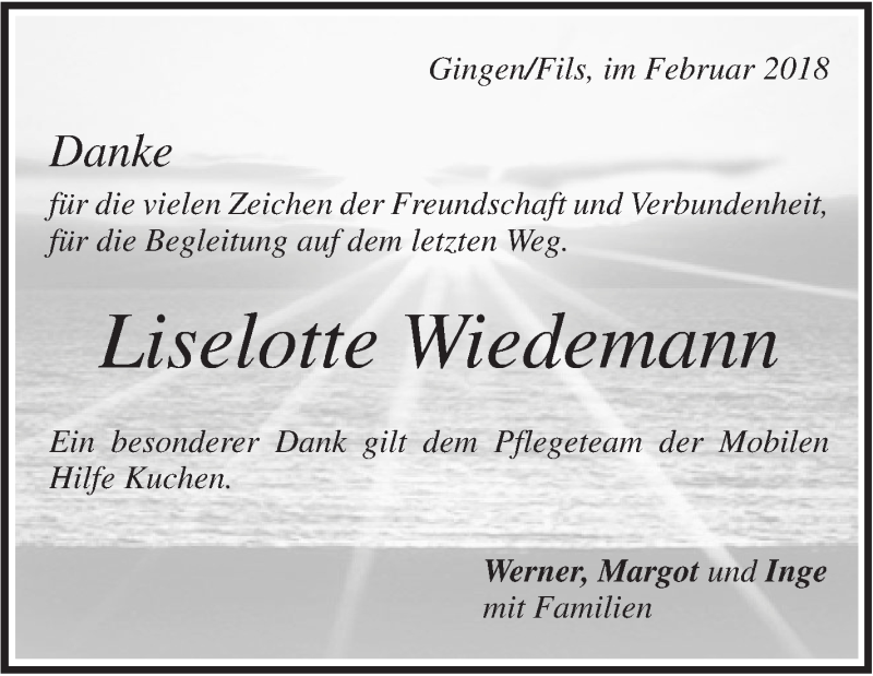  Traueranzeige für Liselotte Wiedemann vom 17.02.2018 aus Geislinger Zeitung