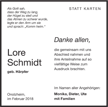 Traueranzeige von Lore Schmidt von Hohenloher Tagblatt