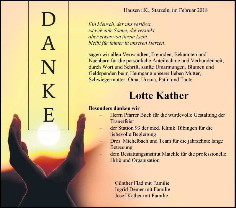  Traueranzeige für Lotte Kather vom 10.02.2018 aus Hohenzollerische Zeitung