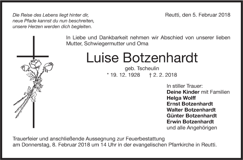  Traueranzeige für Luise Botzenhardt vom 05.02.2018 aus SÜDWEST PRESSE Ausgabe Ulm/Neu-Ulm