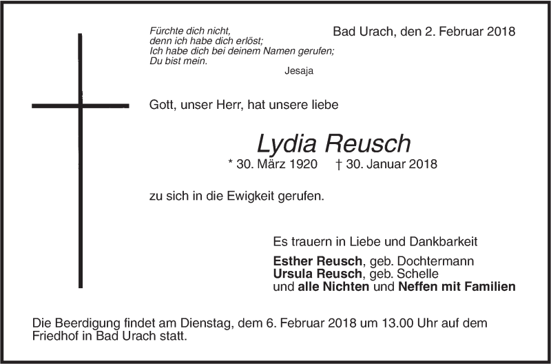  Traueranzeige für Lydia Reusch vom 02.02.2018 aus Metzinger-Uracher Volksblatt