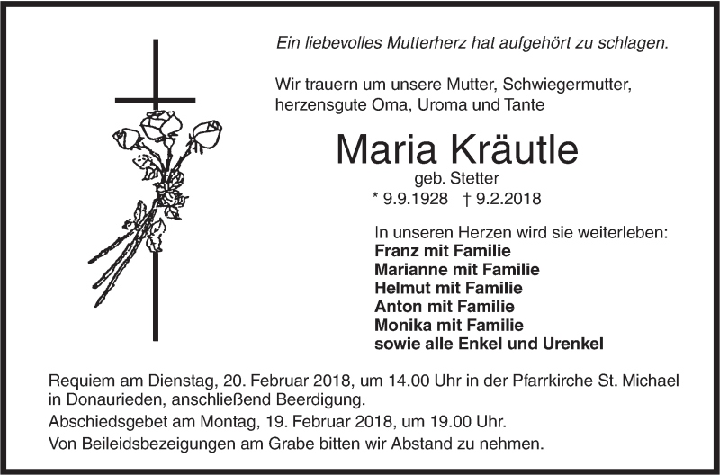  Traueranzeige für Maria Kräutle vom 17.02.2018 aus SÜDWEST PRESSE Ausgabe Ulm/Neu-Ulm