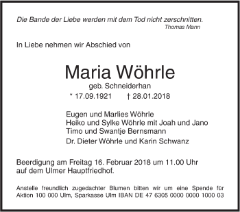 Traueranzeige von Maria Wöhrle von SÜDWEST PRESSE Ausgabe Ulm/Neu-Ulm