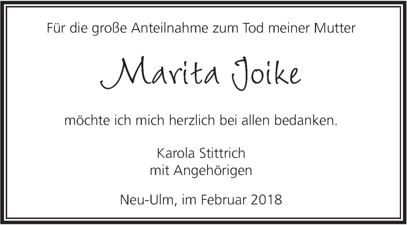  Traueranzeige für Marita Joike vom 10.02.2018 aus SÜDWEST PRESSE Ausgabe Ulm/Neu-Ulm