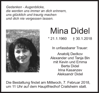 Traueranzeige von Mina Didel von Hohenloher Tagblatt