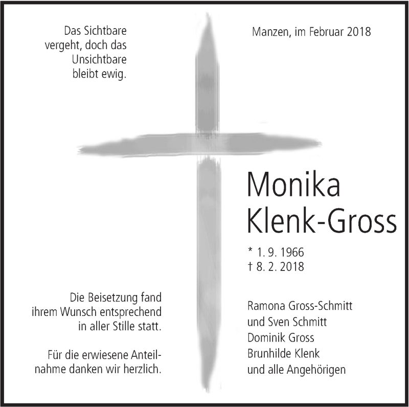  Traueranzeige für Monika Klenk-Gross vom 22.02.2018 aus NWZ Neue Württembergische Zeitung