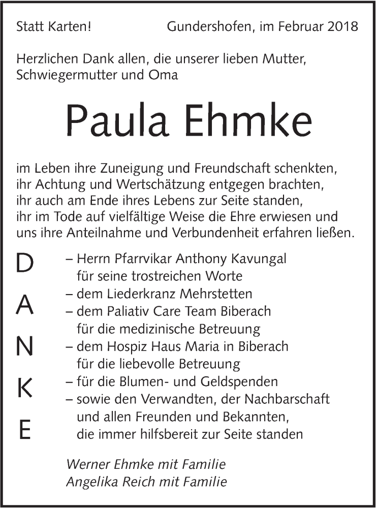  Traueranzeige für Paula Ehmke vom 23.02.2018 aus Metzinger-Uracher Volksblatt
