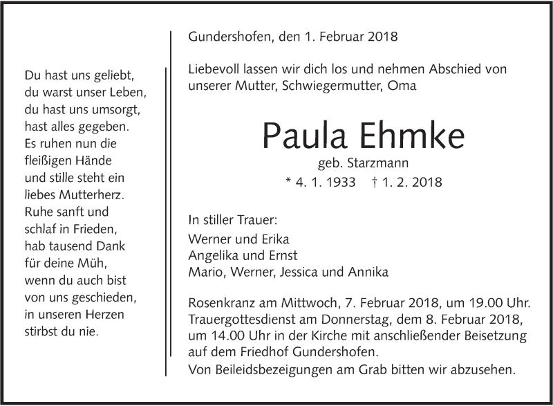  Traueranzeige für Paula Ehmke vom 06.02.2018 aus Metzinger-Uracher Volksblatt