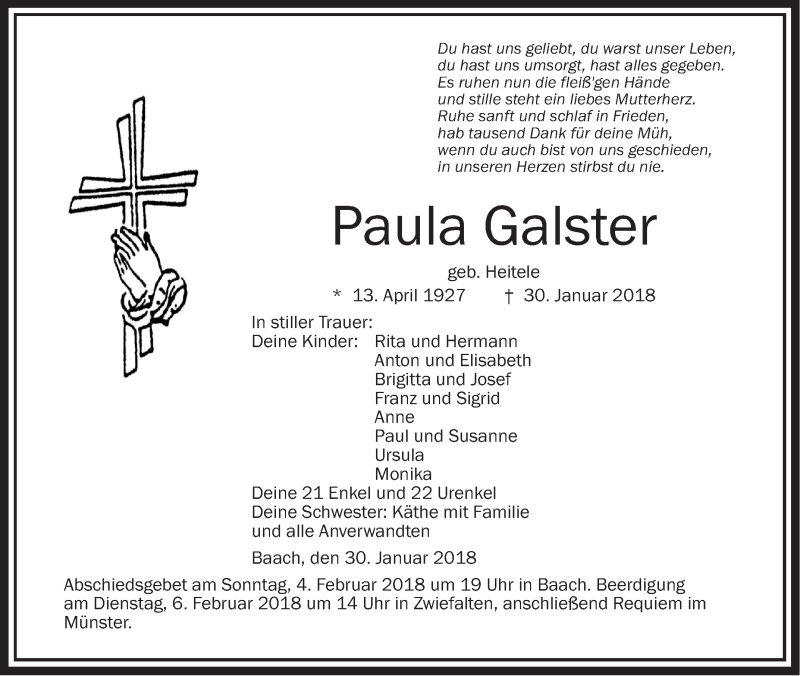  Traueranzeige für Paula Galster vom 02.02.2018 aus Alb-Bote