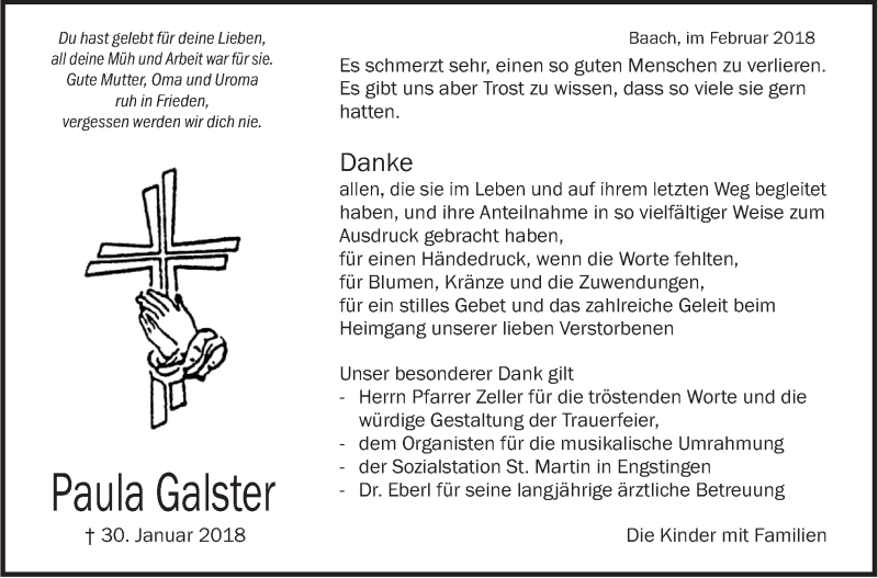  Traueranzeige für Paula Galster vom 16.02.2018 aus Alb-Bote