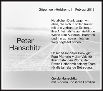 Traueranzeige von Peter Hanschitz von NWZ Neue Württembergische Zeitung