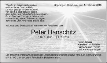 Traueranzeige von Peter Hanschitz von NWZ Neue Württembergische Zeitung