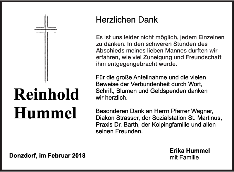  Traueranzeige für Reinhold Hummel vom 15.02.2018 aus NWZ Neue Württembergische Zeitung