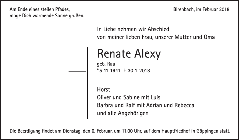  Traueranzeige für Renate Alexy vom 03.02.2018 aus NWZ Neue Württembergische Zeitung