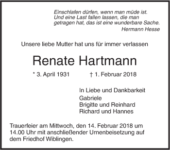 Traueranzeige von Renate Hartmann von SÜDWEST PRESSE Ausgabe Ulm/Neu-Ulm