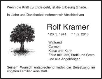 Traueranzeige von Rolf Kramer von SÜDWEST PRESSE Ausgabe Ulm/Neu-Ulm