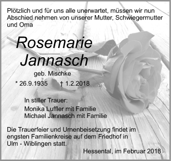 Traueranzeige von Rosemarie Jannasch von Haller Tagblatt