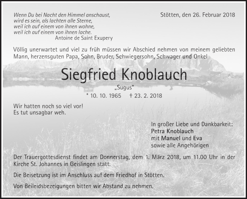  Traueranzeige für Siegfried Knoblauch vom 26.02.2018 aus NWZ Neue Württembergische Zeitung/Geislinger Zeitung