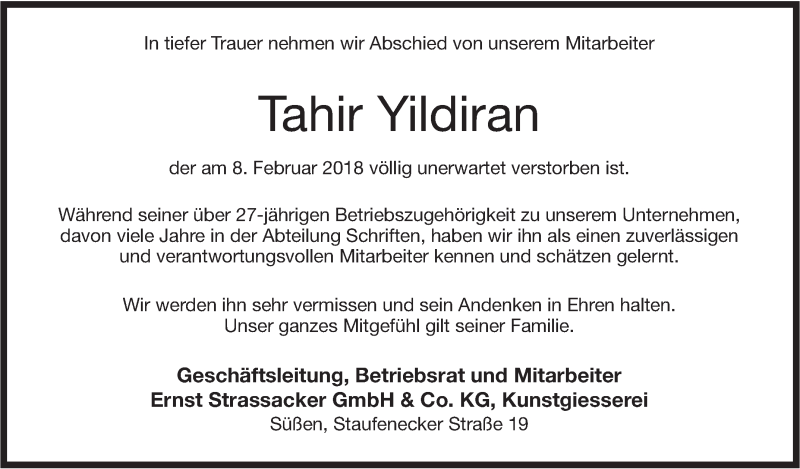  Traueranzeige für Tahir Yildiran vom 10.02.2018 aus NWZ Neue Württembergische Zeitung/Geislinger Zeitung
