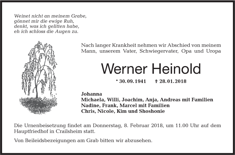  Traueranzeige für Werner Heinold vom 06.02.2018 aus Hohenloher Tagblatt
