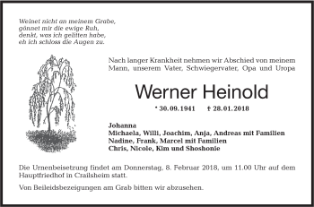 Traueranzeige von Werner Heinold von Hohenloher Tagblatt