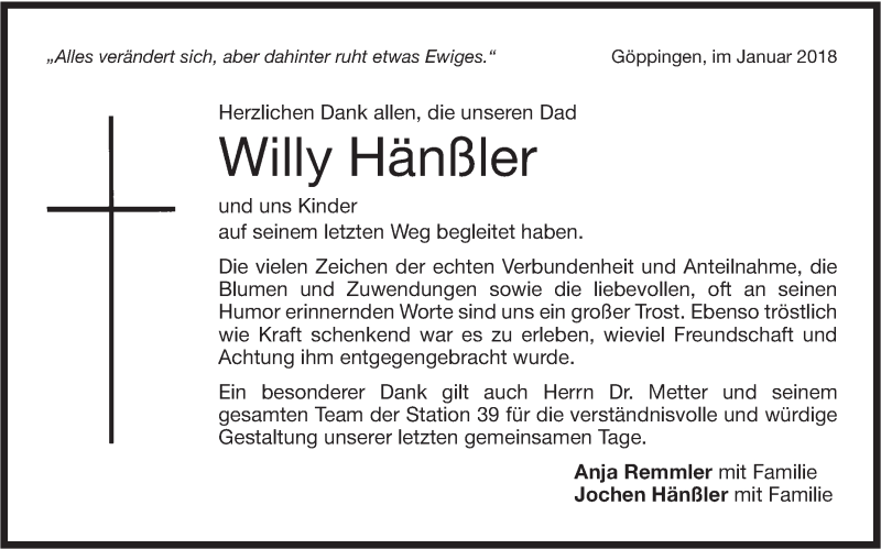  Traueranzeige für Willy Hänßler vom 17.02.2018 aus NWZ Neue Württembergische Zeitung