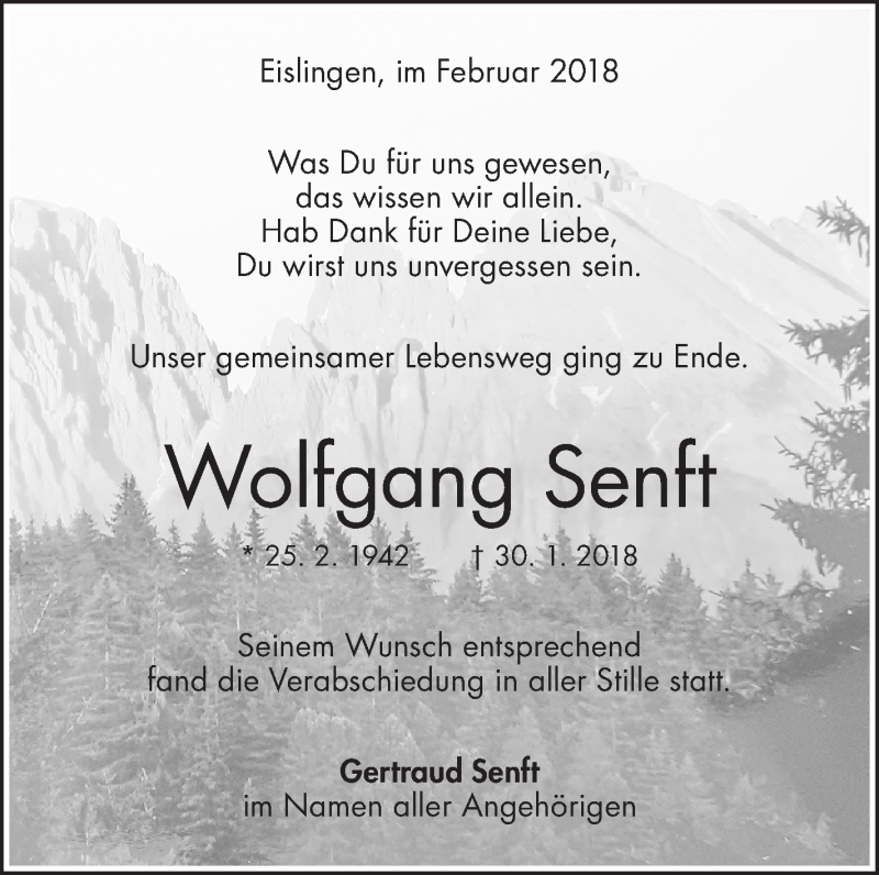  Traueranzeige für Wolfgang Senft vom 05.02.2018 aus NWZ Neue Württembergische Zeitung