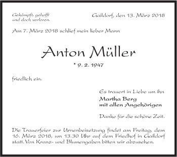 Traueranzeige von Anton Müller von Rundschau Gaildorf