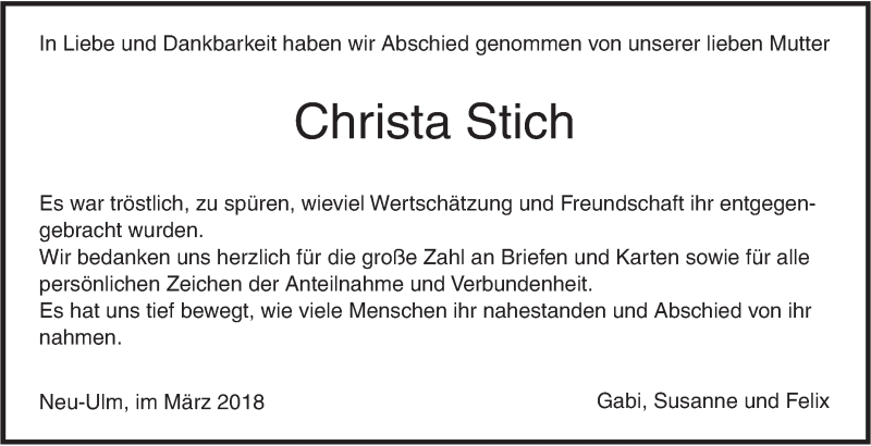  Traueranzeige für Christa Stich vom 01.03.2018 aus SÜDWEST PRESSE Ausgabe Ulm/Neu-Ulm