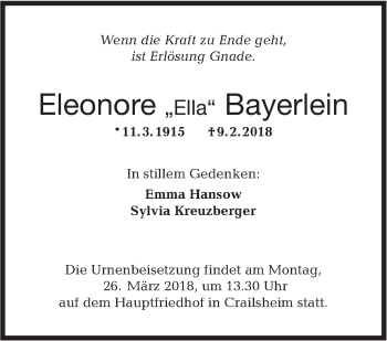 Traueranzeige von Eleonore Bayerlein von Hohenloher Tagblatt
