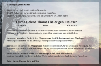 Traueranzeige von Emma Helene Thomas Baier von NWZ Neue Württembergische Zeitung