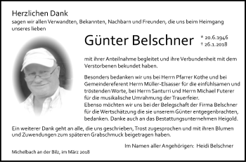 Traueranzeige von Günter Belschner von Haller Tagblatt