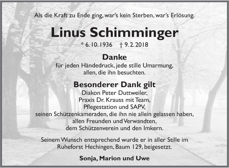  Traueranzeige für Linus Schimminger vom 10.03.2018 aus Hohenzollerische Zeitung