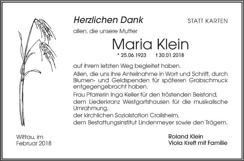 Traueranzeige für Maria Klein vom 03.03.2018 aus Hohenloher Tagblatt
