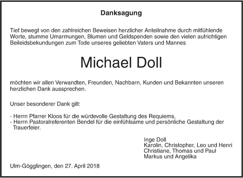  Traueranzeige für Michael Doll vom 28.04.2018 aus SÜDWEST PRESSE Ausgabe Ulm/Neu-Ulm