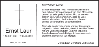 Traueranzeige von Ernst Laur von SÜDWEST PRESSE Ausgabe Ulm/Neu-Ulm