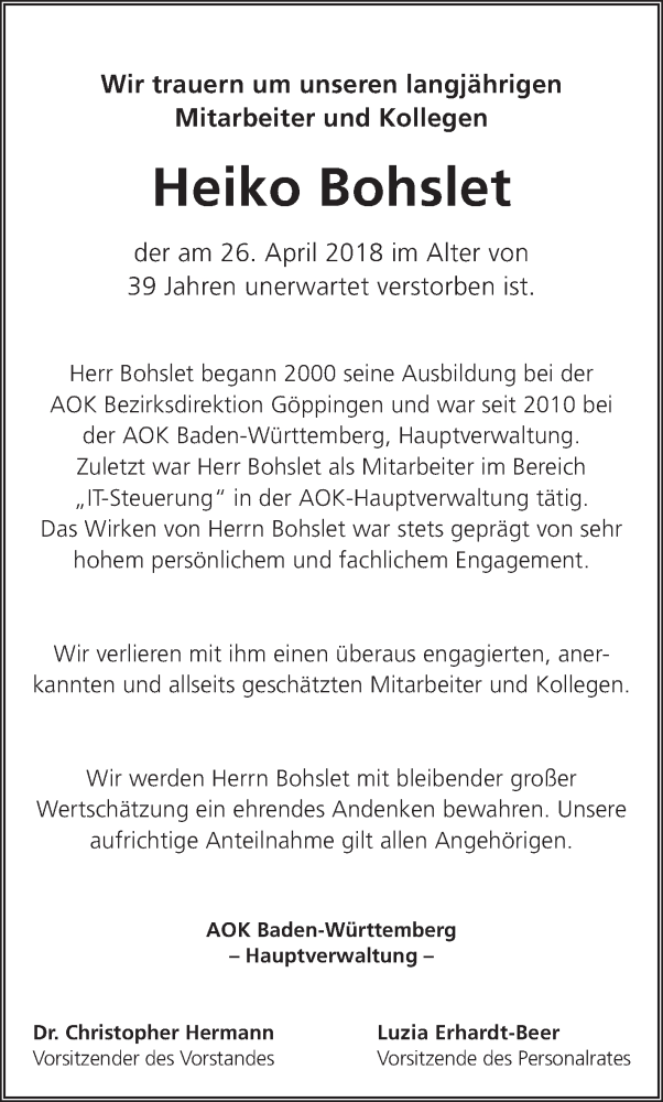  Traueranzeige für Heiko Bohslet vom 04.05.2018 aus Geislinger Zeitung