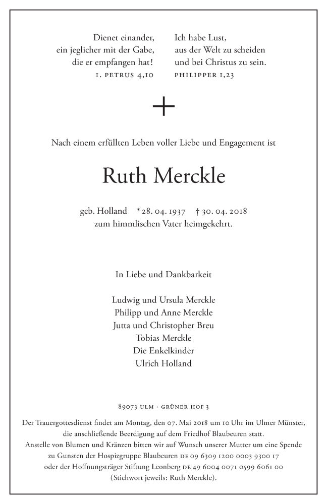  Traueranzeige für Ruth Merckle vom 03.05.2018 aus SÜDWEST PRESSE Ausgabe Ulm/Neu-Ulm