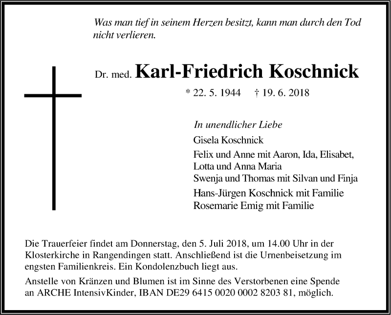  Traueranzeige für Karl-Friedrich Koschnick vom 30.06.2018 aus Hohenzollerische Zeitung