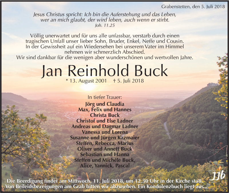  Traueranzeige für Jan Reinhold Buck vom 10.07.2018 aus Alb-Bote/Metzinger-Uracher Volksblatt