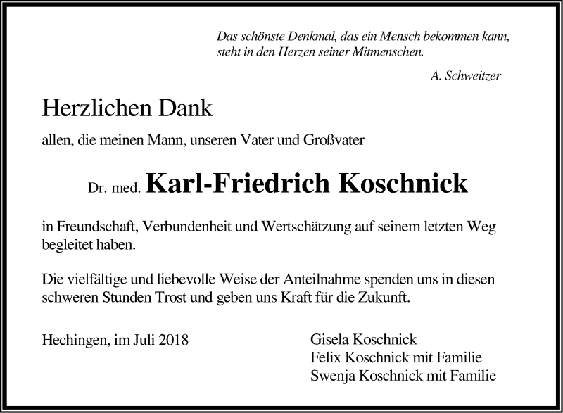  Traueranzeige für Karl-Friedrich Koschnick vom 14.07.2018 aus Hohenzollerische Zeitung