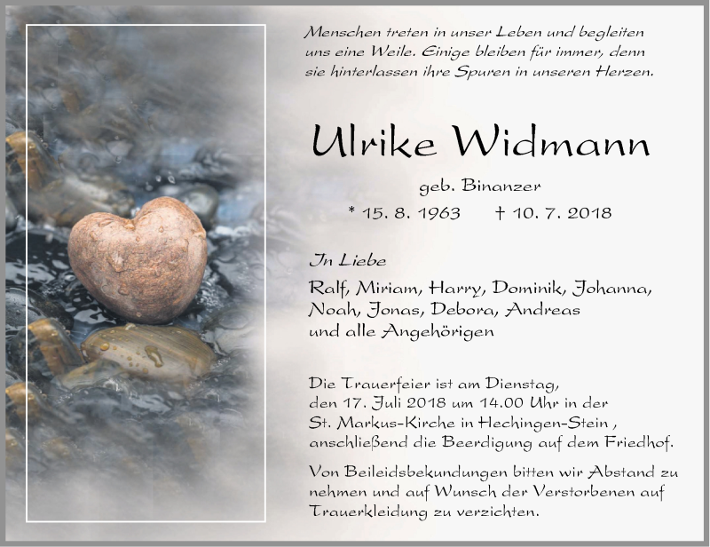  Traueranzeige für Ulrike Widmann vom 14.07.2018 aus Hohenzollerische Zeitung